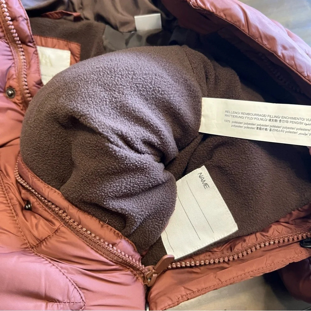 Zara Quilted Puffer Jacket Brown Hood Hooded Zip Up Button Boxy Neutral - Picture 5 of 8